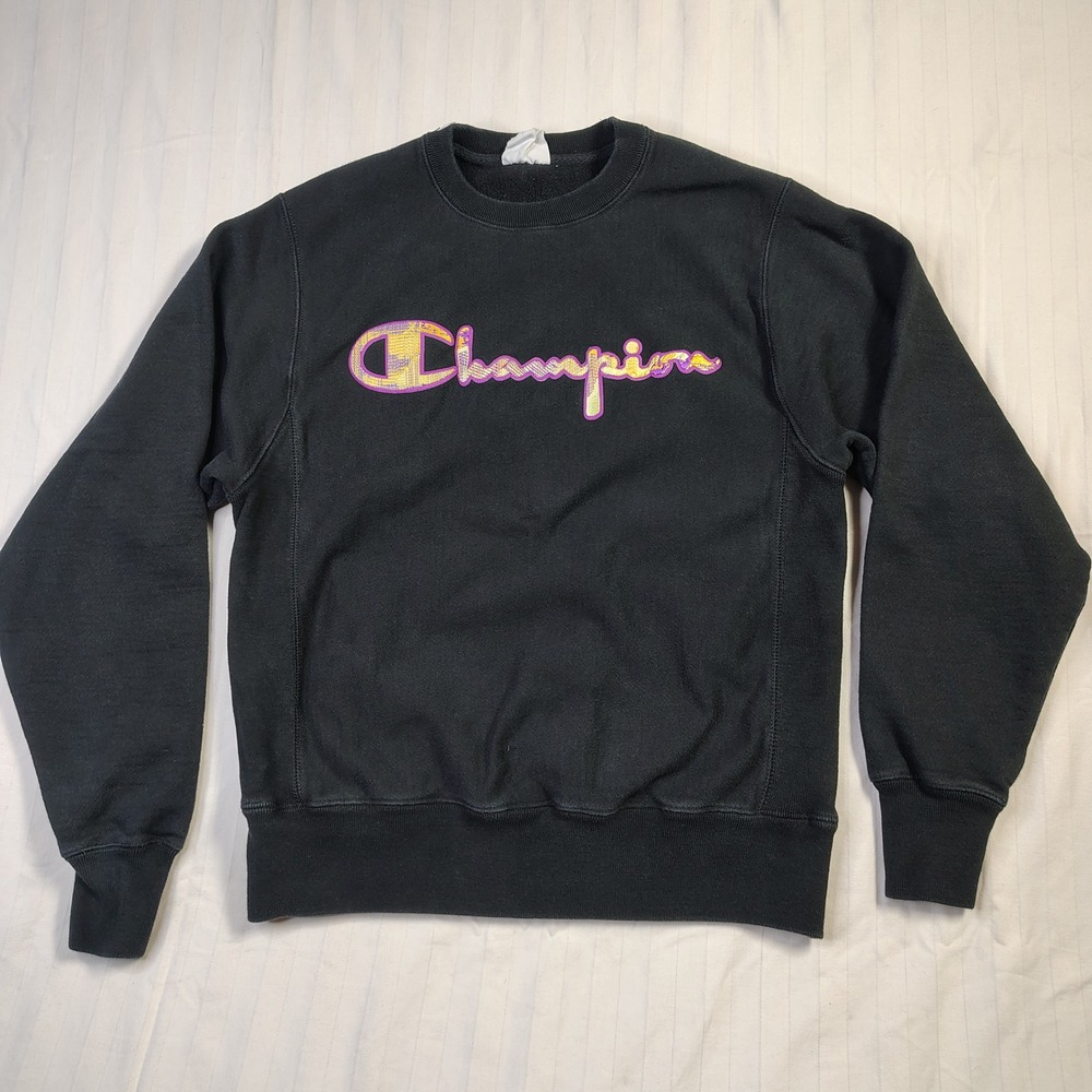 Champion Reverse Weave Sweatshirt Mens Size Small Black Script Logo Graphic Crew